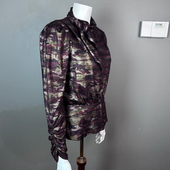 Anthropologie Eva Franco top size 10 blouse camo metallic peplum dressy